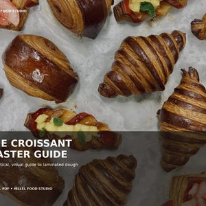 Könnte beinhalten: Ein digitales PDF mit dem Titel THE CROISSANT MASTER GUIDE: A practical, visual guide to laminated dough von HILLEL FOOD STUDIO. Das Bild zeigt eine Auswahl an goldbraunen, blättrigen Croissants und Gebäckstücken, teilweise mit Obst und Minze belegt.