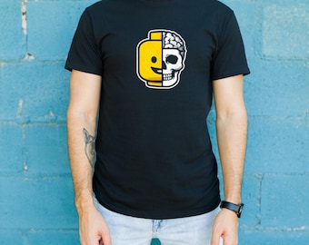 Lustiges Lego Totenkopf T-Shirt, X-Ray Style Graphic Tee, Dark Humor Streetwear