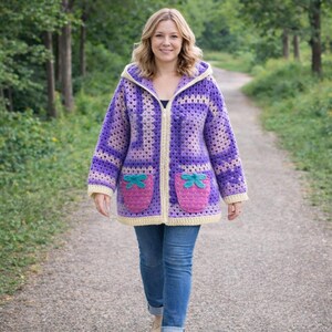 Erdbeer Aufnäher Hexi Cardigan Häkelanleitung PDF | Grandma Hexagon Strickjacke Anleitung | Gehäkelte Pullover-Jacke | Sofort Download