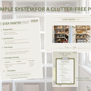 May include: Image of a pantry organisation guide with the text "The Simple System for a Clutter-Free Pantry." The guide includes a 5-step pantry reset, a before and after photo, and a printable checklist.