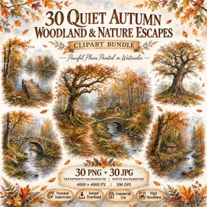 Könnte beinhalten: Ein digitales Clipart-Paket mit dem Titel 30 Quiet Autumn Woodland & Nature Escapes, das Aquarellillustrationen von Herbstlandschaften zeigt, darunter Steinbrücken, Holzstege, Hütten und Bäume mit orangefarbenem und braunem Laub auf hellem Grund.
