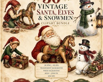 Vintage Santa, Elves & Snowmen Christmas Watercolor Clipart Bundle, 30 PNG JPG Digital Download