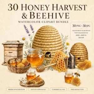 Könnte beinhalten: Ein digitales Aquarell-Clipart-Paket mit dem Titel 30 HONEY HARVEST & BEEHIVE mit Illustrationen von Strohkörben, Holzbienenstöcken, Gläsern mit goldenem Honig, Wabenstücken, einem Honiglöffel, einem Metallraucher und Lavendelzweigen.