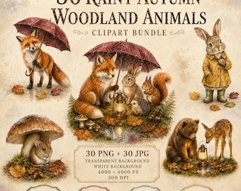 Rainy Autumn Woodland Animals Clipart, Watercolor Forest Friends Bundle (Digital Download)