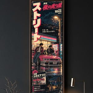 Peut inclure: Une affiche verticale montrant une Nissan Silvia S13 rose garée devant une supérette de nuit. Deux silhouettes sont assises sur le capot. Le texte inclut des caractères japonais, 1989, 10月号, 400円 et Nissan Silvia S13. L'image présente un éclairage néon et des reflets sur la chaussée mouillée.
