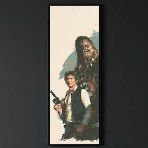 Op de afbeelding: Een ingelijste verticale kunstdruk met een geschilderde illustratie van een menselijk figuur in een wit overhemd en donker vest die een blaster vasthoudt, staand voor een lang, harig, bruin wezen. De achtergrond is crèmekleurig met blauwe accenten.