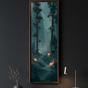May include: A tall, vertical rectangular wall art piece featuring a dark, misty forest scene with towering pine trees. The forest floor is illuminated by several glowing, warm-toned jack-o'-lanterns scattered along a winding path through the woods.