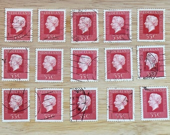 1976 - Nederland Juliana Regina - 50 used postage stamps - ephemera for collage, mixed media - 55c brick red - Queen Juliana Netherlands