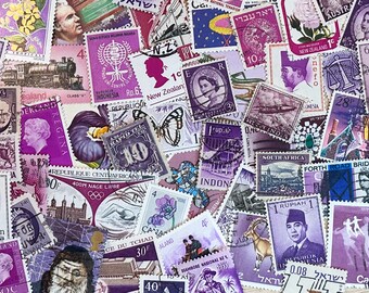 PURPLES - 50 vintage used / canceled International postage stamps in varying purple shades / tones - ephemera for collage, mixed media, etc