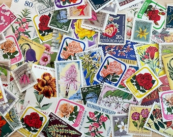 FLORALS - 50 vintage used / canceled International postage stamps featuring botanicals - ephemera for scrapbooking, collage, mixed media etc