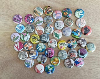 Vintage International Buttons OR Magnets - your choice! Set of 4 assorted 1" pinback buttons or magnets made from canceled Int'l postage!
