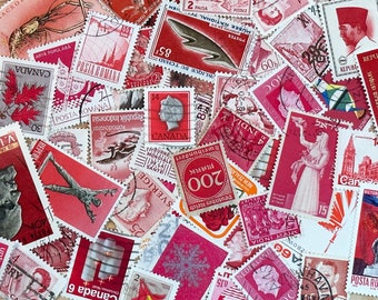 REDS - 50 vintage used / canceled International postage stamps in varying red shades / tones - ephemera for collage, mixed media, etc