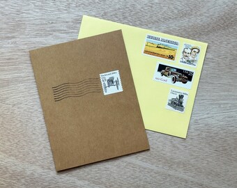 Planes, Trains, and Automobiles - greeting card and stamped envelope - valid unused vintage postage, ready to mail!