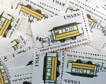 10 pieces - 1983 20 cent Bobtail Horsecar streetcar - Vintage unused postage stamps - great for yellow wedding invitations, save the dates