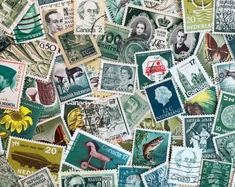 GREENS - 50 vintage used / canceled International postage stamps in varying shades / tones of green - ephemera for collage, mixed media, etc