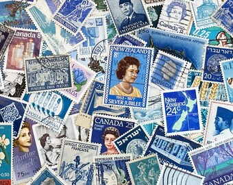 BLUES - 50 vintage used / canceled International postage stamps in varying shades / tones of blue - ephemera for collage, mixed media, etc