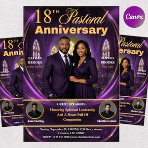 May include: A purple and gold flyer for an 18th Pastoral Anniversary featuring a man and woman in formal attire. Text includes Eathan Brooks, Sophia Brooks, guest speakers John Sterling and Matthew Adam, and event details for September 20.