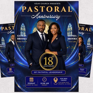 Pode incluir: Um folheto azul e dourado para um 18º aniversário pastoral com um homem e uma mulher em trajes formais. O texto inclui Your Church Presents, Pastoral Anniversary, Eathan Brooks Senior Pastor, Sophia Brooks First Lady e detalhes.
