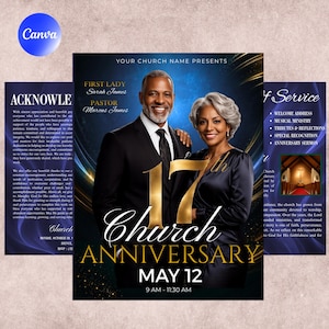 Puede incluir: Un folleto de aniversario de iglesia con un hombre en traje y una mujer en vestido negro. El texto dice: Your Church Name Presents, First Lady Sarah James, Pastor Marcus James, 17 Church Anniversary, May 12, 9 AM - 11:30 AM.