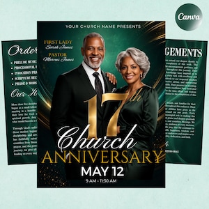 Peut inclure: Un dépliant pour un anniversaire d'église montrant un homme en costume noir et une femme en robe vert foncé. Le texte indique 17th Church Anniversary, May 12, 9 AM - 11:30 AM, First Lady Sarah James et Pastor Marcus James sur fond vert foncé.