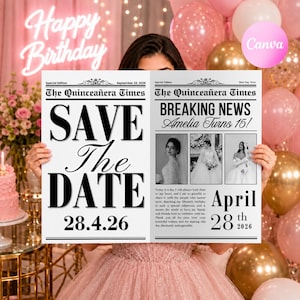 Quinceañera Newspaper Template, Save The Date Newspaper, Sweet 15 Newspaper, Quinceanera Party Program, Birthday Newspaper, Canva Template