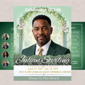 May include: A funeral program featuring a portrait of a man in a dark green suit and gold tie. The text reads Celebration Of Life, Julian Sterling, April 12, 1985 - July 19, 2025, and Grace Memorial Church. It includes white doves and floral arches.