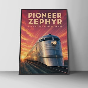 May include: A framed poster featuring a silver, streamlined train on tracks under a vibrant orange and red sunset sky. The text PIONEER ZEPHYR and DAWN OF THE STREAMLINE AGE is printed in bold, light-colored letters at the top of the artwork.