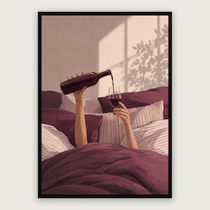 May include: A digital illustration of a dark red wine bottle being poured into a stemmed glass. Two arms are visible extending from a bed with deep plum-coloured bedding and striped pillows, set against a wall with soft sunlight and leaf shadows.