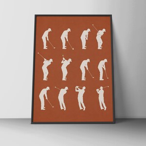 Golf Swing Sequence Poster, Golfer Silhouette Wall Art, Rust Minimalist Print
