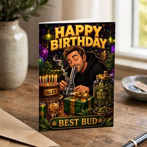 May include: A birthday greeting card featuring an illustration of a person using a glass water pipe. The card displays the text HAPPY BIRTHDAY, ALEX, and BEST BUD. The scene includes a birthday cake with lit candles, a gift box, and a jar of green buds.