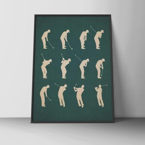 Op de afbeelding: Een ingelijste kunstprint met een donkergroene achtergrond en twaalf beige silhouetten van een golfer die verschillende fasen van een golfswing uitvoert. De figuren zijn gerangschikt in drie rijen van vier, wat de beweging toont.