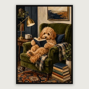May include: A digital illustration of a fluffy golden-brown dog sitting in a dark green velvet armchair, reading an open blue book. Beside the chair is a brass desk lamp, a white mug, and a stack of five hardback books on the floor.