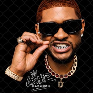 May include: A portrait of Usher Raymond featuring a gold chain with red stones and a U pendant, a diamond-encrusted watch, a gold ring, and silver teeth grills. The subject wears black sunglasses and has short reddish-brown hair against a black background.