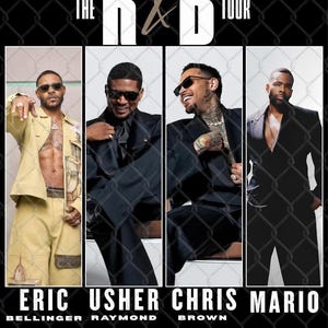 May include: A digital graphic titled THE R & B TOUR featuring four men in separate vertical panels. The text lists the names Eric Bellinger, Usher Raymond, Chris Brown, and Mario. The bottom text reads PNG FILE, DIGITAL DOWNLOAD.