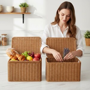 Puede incluir: Dos cestas rectangulares de mimbre tejido con tapas. Una cesta está abierta y llena de pan, fruta y pasteles. La otra cesta está abierta y una persona está colocando lavanda dentro.