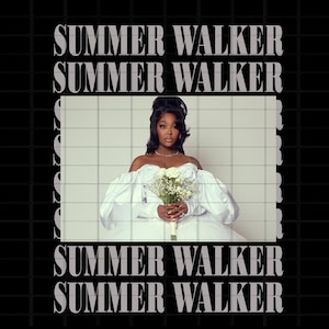 May include: A portrait of Summer Walker wearing a white off-the-shoulder gown with voluminous sleeves, holding a bouquet of white flowers. The text SUMMER WALKER is repeated in a bold, serif font above and below the central rectangular image.