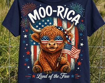 Moo Rica Png, 4th Of July Highland Cow Png, American Highland Cow Coquette Png, Girly Usa Flag Png, Independence Day Png, Patriotic Cow Png
