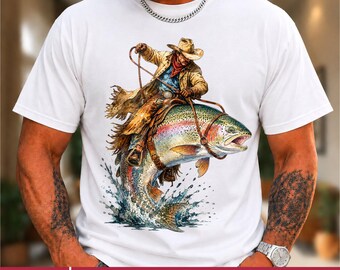 Cowboy Riding Rainbow Trout PNG: Vintage Western Fishing Cowboy Rodeo Angler PNG Rustic Outdoors Clipart (Digital Download)