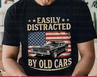 Easily Distracted By Old Cars PNG: Classic Car Humor Vintage Car Lover png Retro Muscle Car Flag Design (Digital Download)