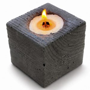 May include: A square, dark grey concrete candle holder with a textured, wood-grain pattern on its exterior surfaces. A round, off-white wax candle is set into the centre of the cube, featuring a single lit wick with a visible orange flame.