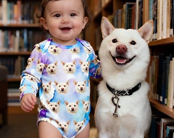 Custom Pet Photo Baby Romper, Watercolor Color Drip Background Newborn Bodysuit, Personalized Baby Gift