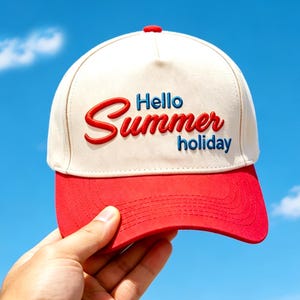 May include: A baseball cap with a cream-coloured crown and a bright red brim. The front features embroidered text that reads Hello in blue, Summer in red script, and holiday in blue. The cap has a small red button on the top centre of the crown.
