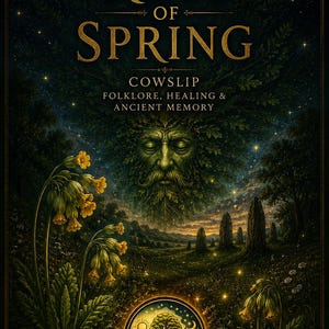 May include: Book cover with the title "The Keys of Spring" in gold lettering. The image features a Green Man face, a night sky, and a landscape with standing stones. The text "Cowslip, Folklore, Healing & Ancient Memory" is also visible.