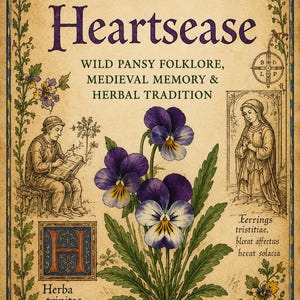 May include: A book cover with the title "The Wisdom of Heartsease", featuring text on wild pansy folklore and herbal tradition. The design includes illustrations of pansies, a medieval figure, and botanical details.