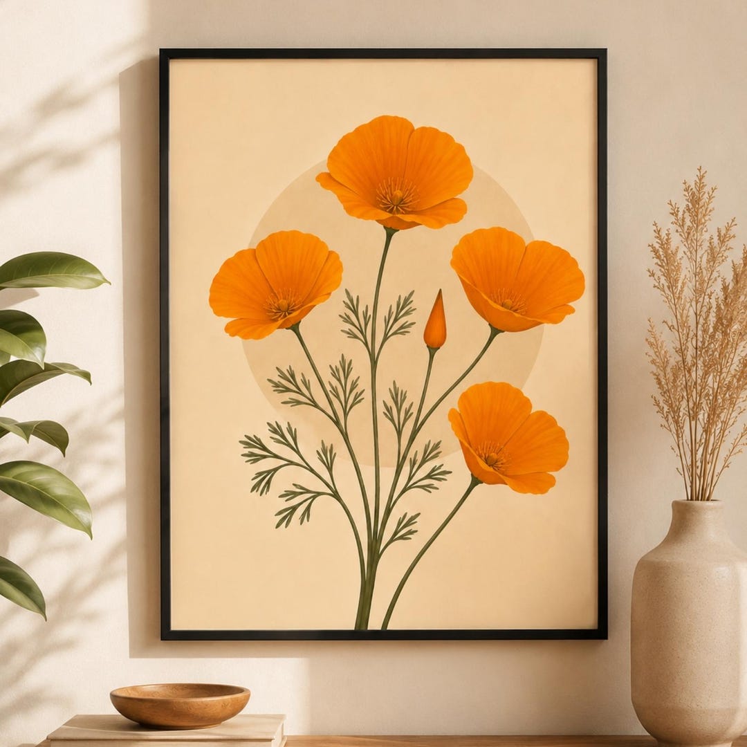 California Poppy Wall Art Print, Minimalist Botanical Poster ...