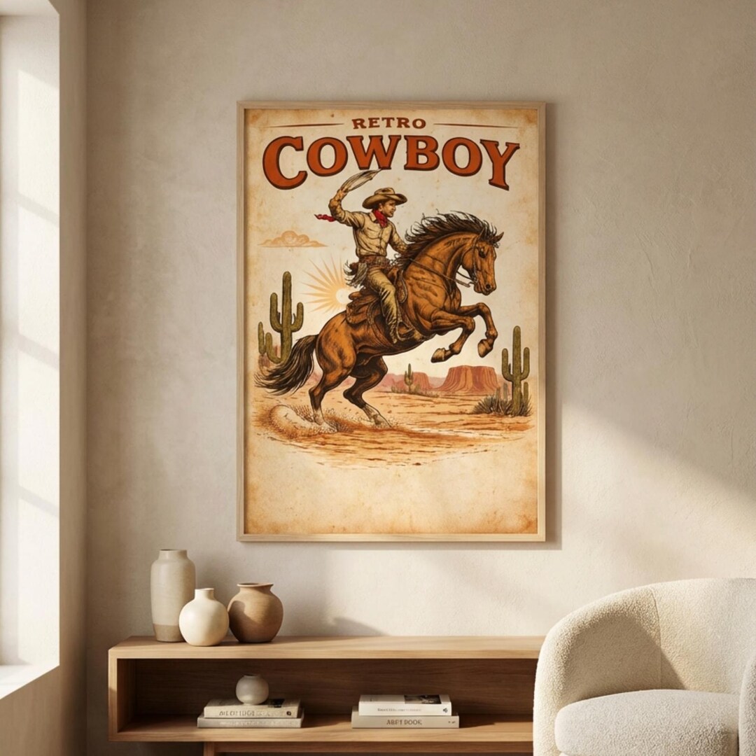 Retro Cowboy Wall Art, Vintage Western Poster, Rustic Rodeo Print ...