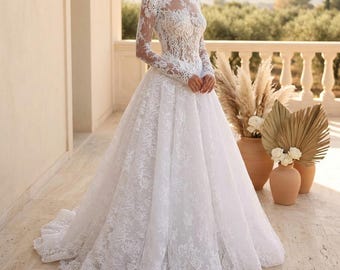 High Neck Lace Ball Gown Wedding Dress Long Sleeve Bridal Gown Elegant Princess Wedding Dress Classic Bride Dress
