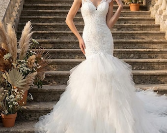 Lace Mermaid Wedding Dress Off Shoulder Tulle Bridal Gown Elegant Evening Party Dress Women Outfit
