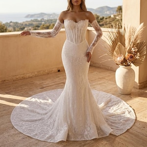 Vestido de novia de encaje con hombros descubiertos, manga larga, estilo sirena, con cola catedral, corsé, elegante vestido de novia de lujo.
