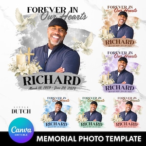 May include: A memorial photo template featuring a smiling man in a dark shirt and cap, surrounded by white doves, a lit candle, and flowers. The text reads FOREVER IN OUR HEARTS, RICHARD, and March 18, 1959 - June 20, 2025, with various color backgrounds.